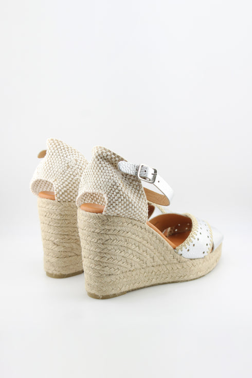 Jutelia Peep-Toe Espadrille Wedge with Decorative Perforated Toe and Ankle Strap